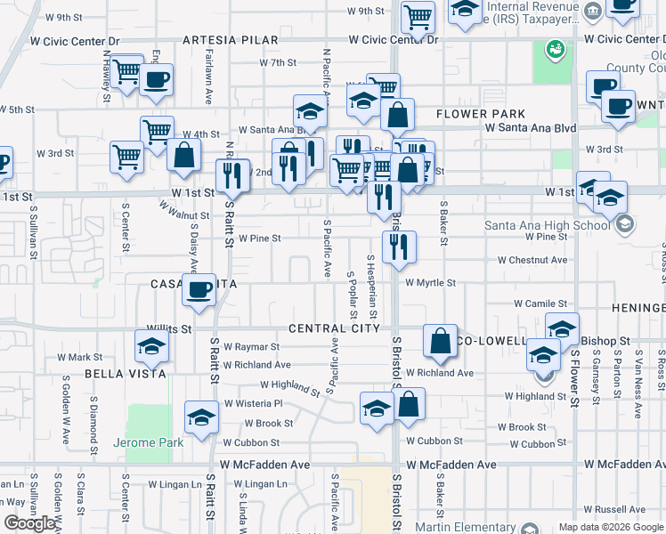 map of restaurants, bars, coffee shops, grocery stores, and more near 405 South Pacific Avenue in Santa Ana