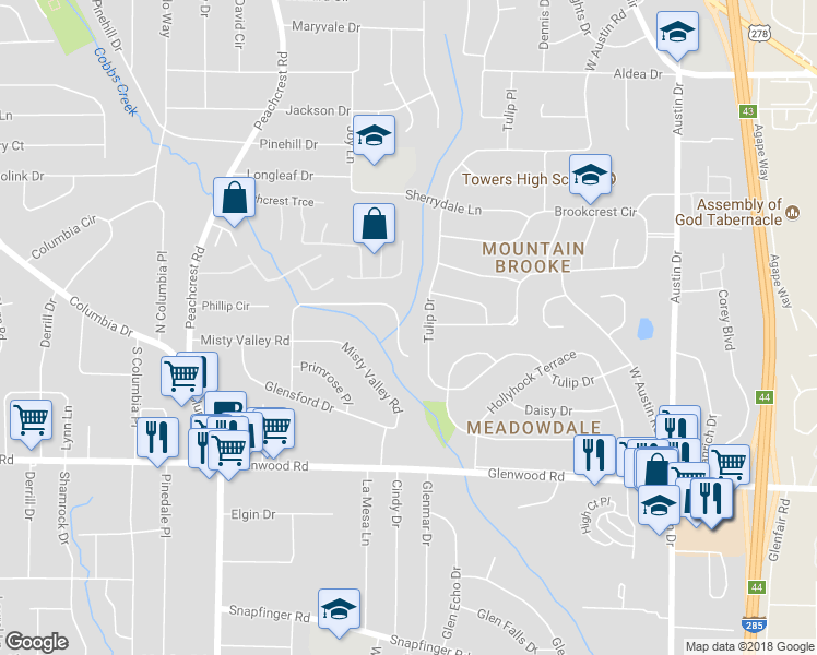 map of restaurants, bars, coffee shops, grocery stores, and more near 3560 Brookfield Lane in Decatur