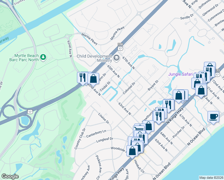map of restaurants, bars, coffee shops, grocery stores, and more near 6209 Sancindy Lane in Myrtle Beach