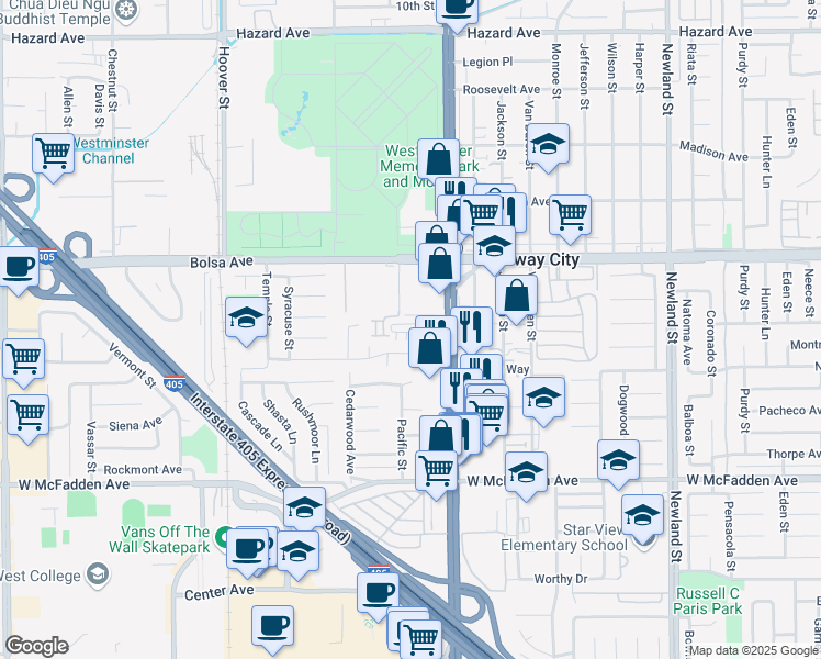 map of restaurants, bars, coffee shops, grocery stores, and more near 15141 Beach Boulevard in Midway City