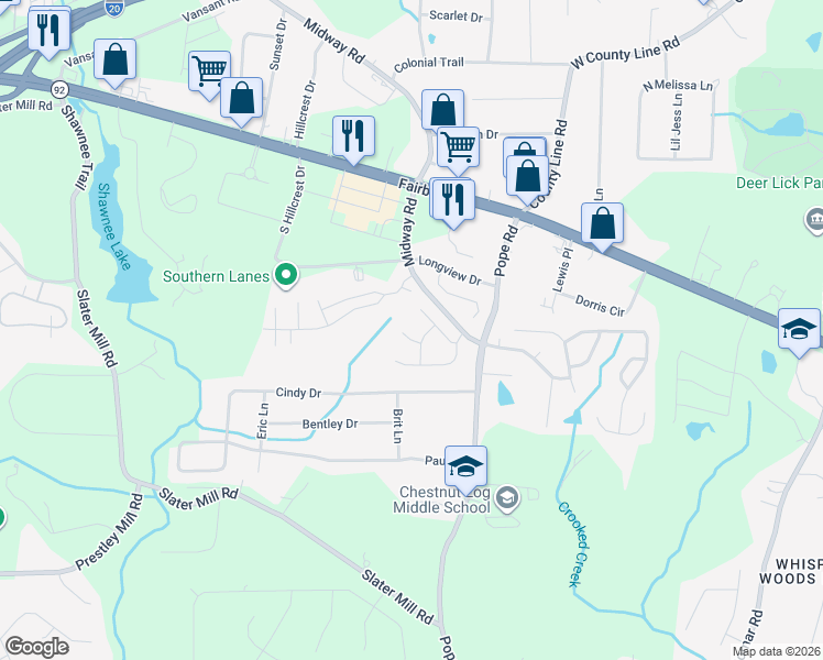 map of restaurants, bars, coffee shops, grocery stores, and more near 3184 Warrenton Court in Douglasville