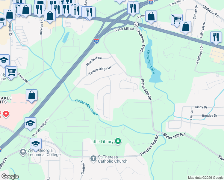 map of restaurants, bars, coffee shops, grocery stores, and more near 8724 Hamil Court in Douglasville