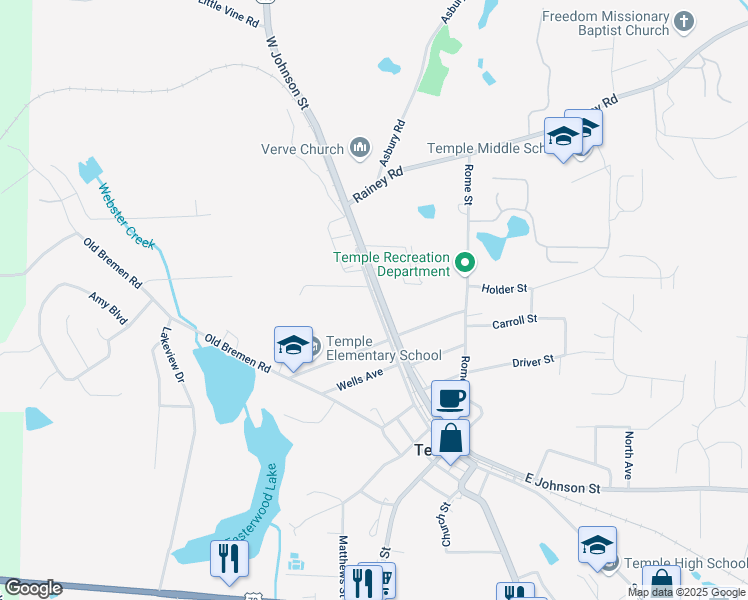 map of restaurants, bars, coffee shops, grocery stores, and more near 65 Sage Street in Temple