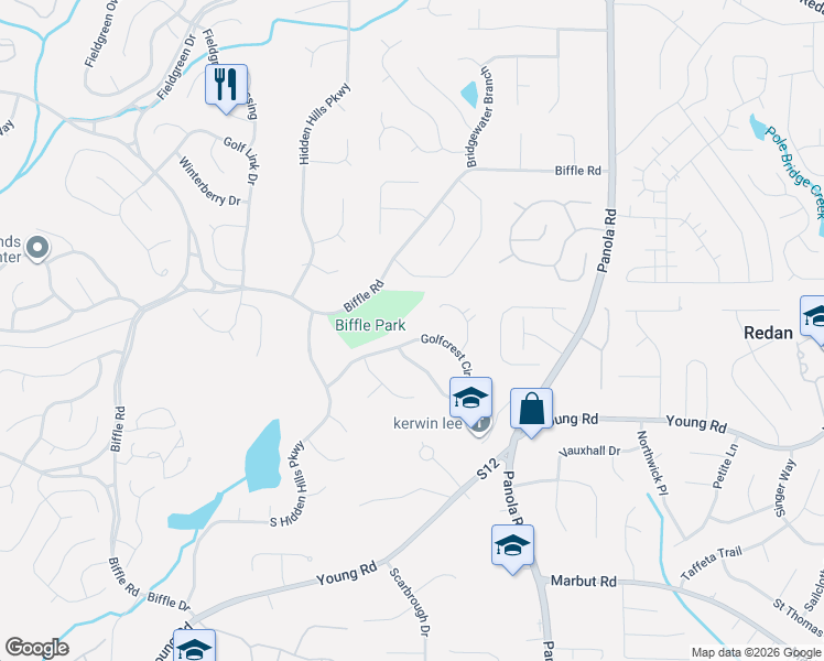 map of restaurants, bars, coffee shops, grocery stores, and more near 5304 Golfcrest Circle in Stone Mountain