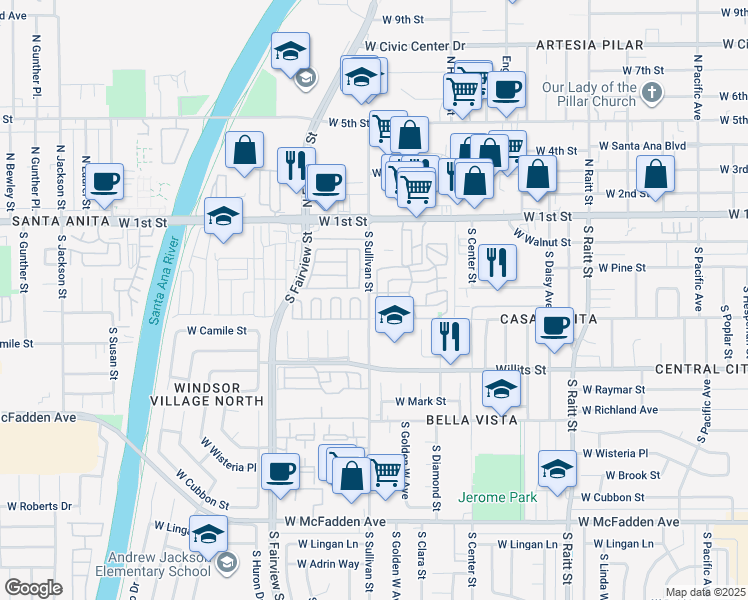 map of restaurants, bars, coffee shops, grocery stores, and more near 304 Duke Lane in Santa Ana