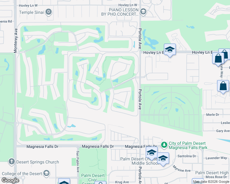 map of restaurants, bars, coffee shops, grocery stores, and more near 126 Presidio Place in Palm Desert