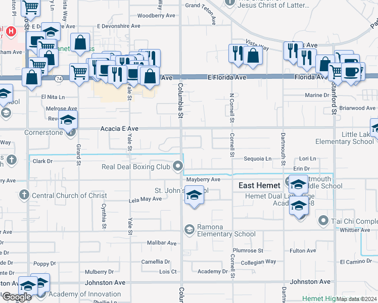 map of restaurants, bars, coffee shops, grocery stores, and more near 41067 Beachwood Avenue in Hemet