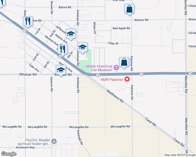 map of restaurants, bars, coffee shops, grocery stores, and more near 28151 California 74 in Menifee