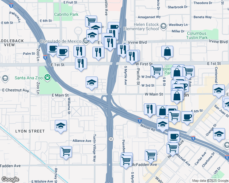 map of restaurants, bars, coffee shops, grocery stores, and more near 345 Pasadena Avenue in Tustin