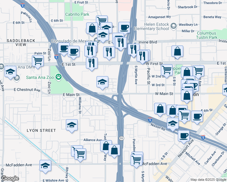 map of restaurants, bars, coffee shops, grocery stores, and more near Costa Mesa Fwy in Tustin