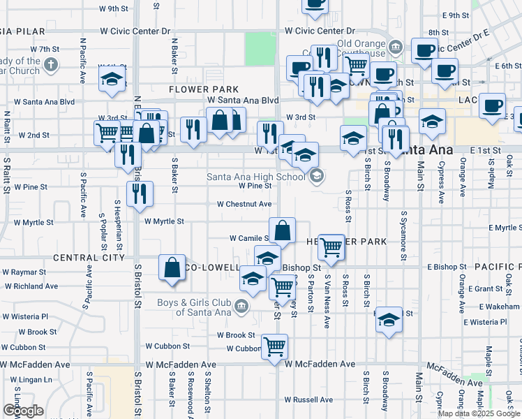 map of restaurants, bars, coffee shops, grocery stores, and more near 924 West Chestnut Avenue in Santa Ana