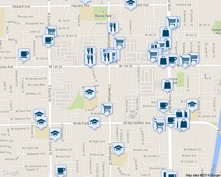 map of restaurants, bars, coffee shops, grocery stores, and more near 311 South Newhope Street in Santa Ana