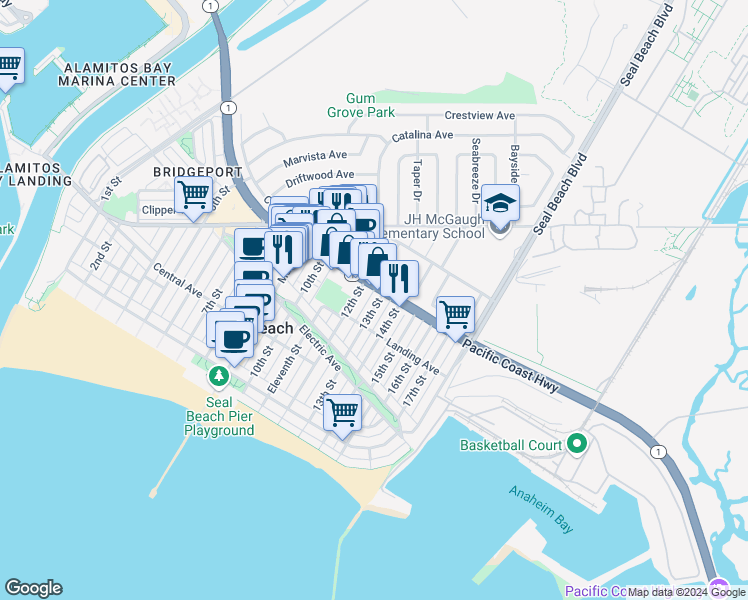 map of restaurants, bars, coffee shops, grocery stores, and more near 1244 California 1 in Seal Beach