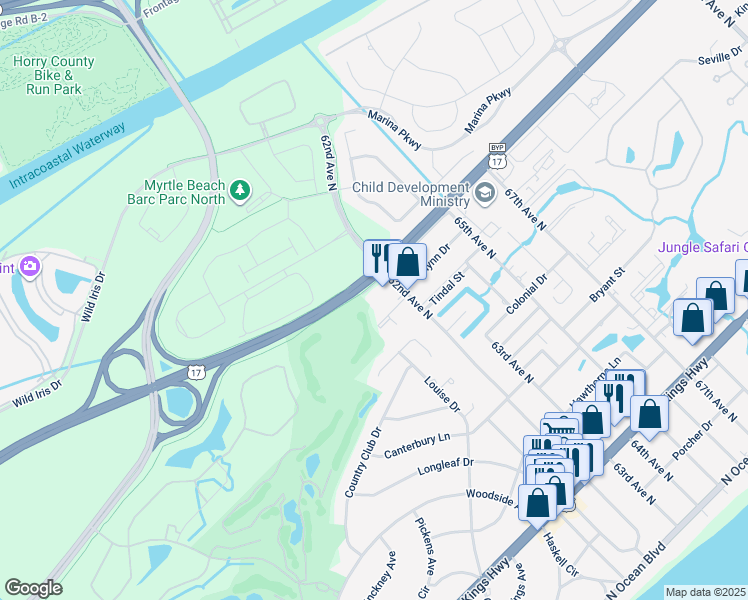 map of restaurants, bars, coffee shops, grocery stores, and more near 43 Frontage Road in Myrtle Beach