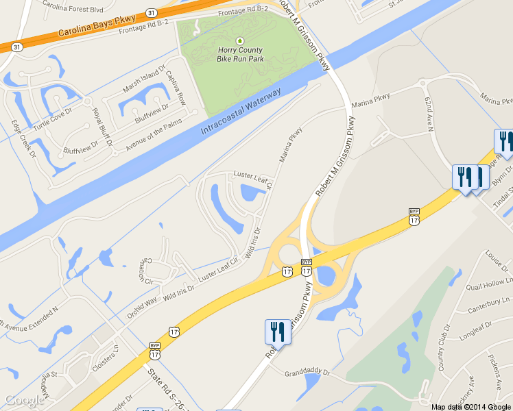 map of restaurants, bars, coffee shops, grocery stores, and more near 4833 Luster Leaf Circle in Myrtle Beach