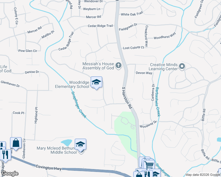 map of restaurants, bars, coffee shops, grocery stores, and more near 4080 Big Valley Trail in Stone Mountain