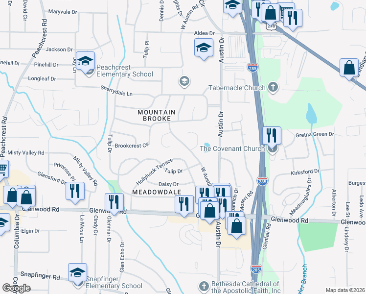 map of restaurants, bars, coffee shops, grocery stores, and more near 1730 West Austin Road in Decatur