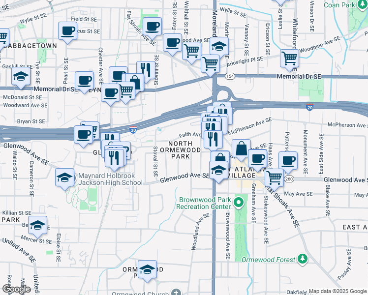 map of restaurants, bars, coffee shops, grocery stores, and more near 1065 Faith Avenue Southeast in Atlanta