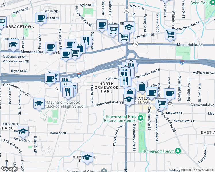 map of restaurants, bars, coffee shops, grocery stores, and more near 1080 Sanders Avenue Southeast in Atlanta