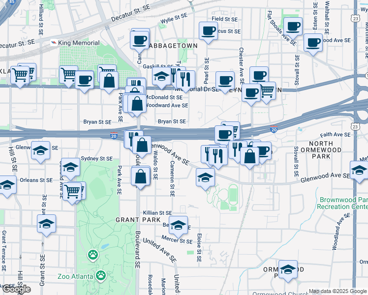 map of restaurants, bars, coffee shops, grocery stores, and more near 705 Kalb Street Southeast in Atlanta