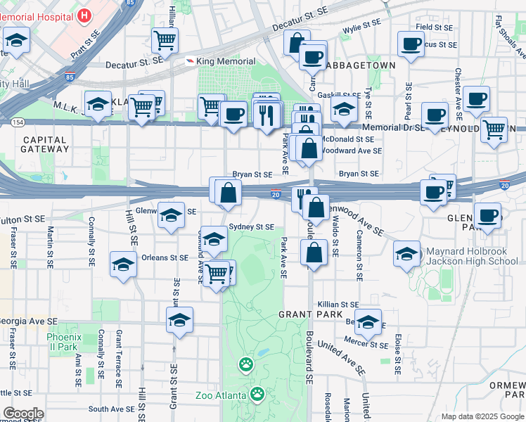 map of restaurants, bars, coffee shops, grocery stores, and more near 505 Glenwood Avenue Southeast in Atlanta