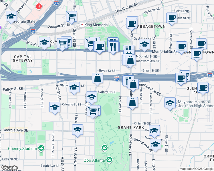 map of restaurants, bars, coffee shops, grocery stores, and more near 445 Loomis Avenue Southeast in Atlanta