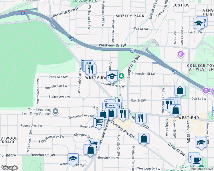 map of restaurants, bars, coffee shops, grocery stores, and more near 1444 Lucile Avenue Southwest in Atlanta
