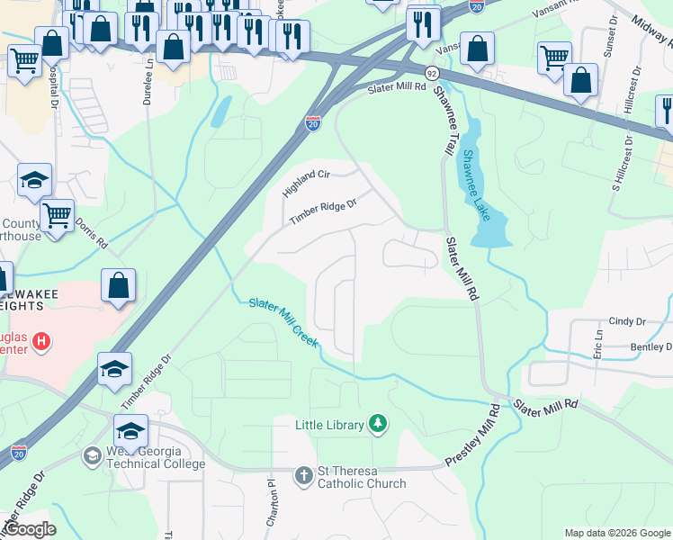 map of restaurants, bars, coffee shops, grocery stores, and more near 8716 Danley Drive in Douglasville