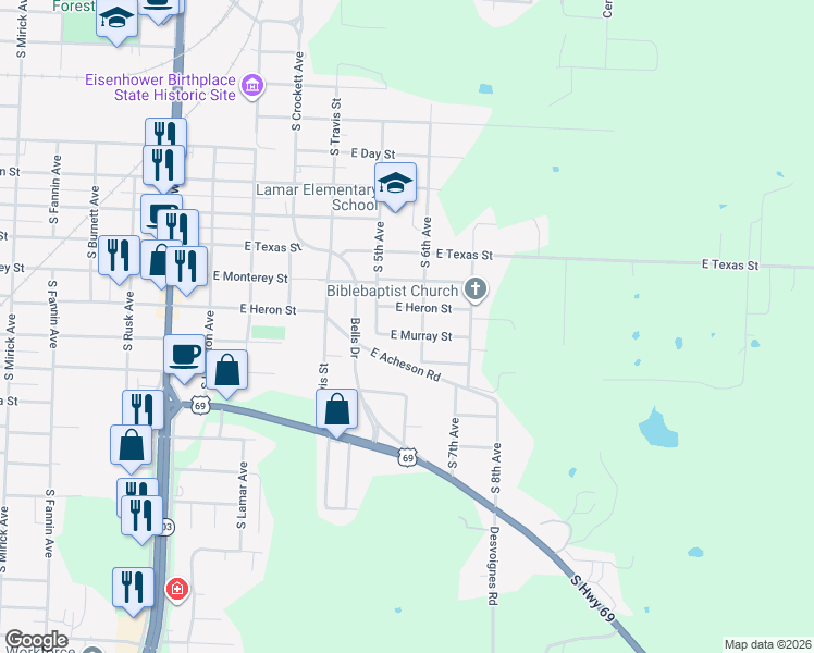map of restaurants, bars, coffee shops, grocery stores, and more near 527 East Murray Street in Denison