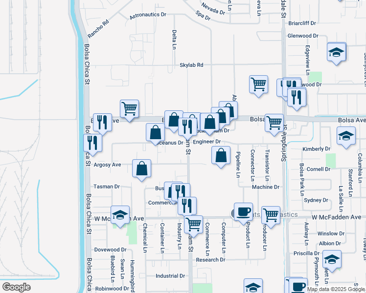 map of restaurants, bars, coffee shops, grocery stores, and more near 5482 Oceanus Drive in Huntington Beach