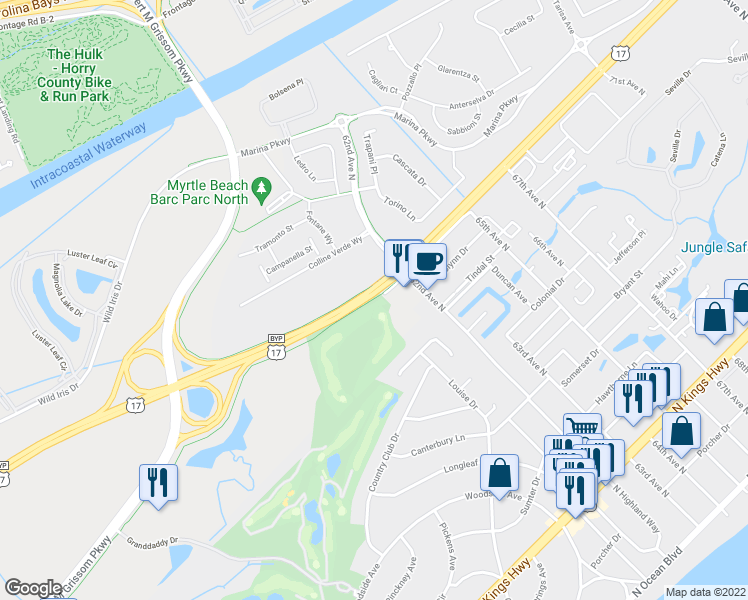map of restaurants, bars, coffee shops, grocery stores, and more near 43 Frontage Road in Myrtle Beach