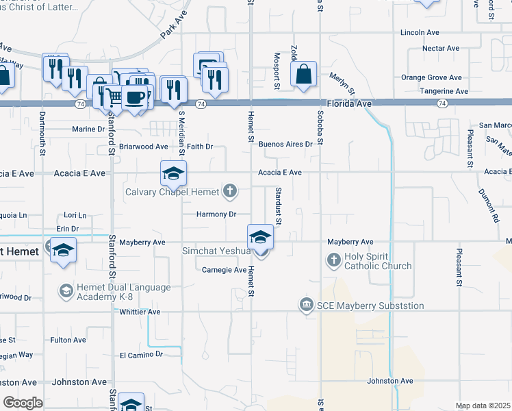 map of restaurants, bars, coffee shops, grocery stores, and more near 26118 Hemet Street in Hemet