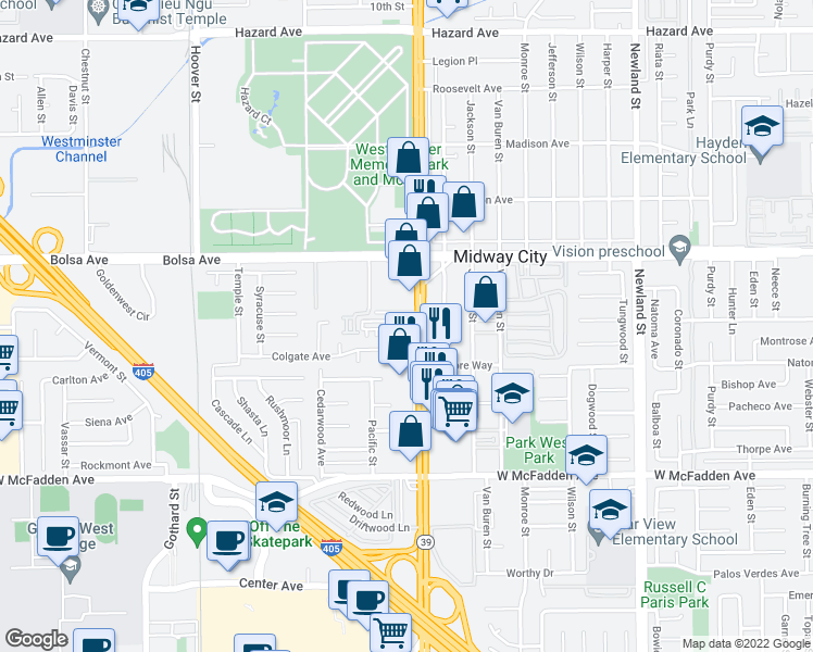 map of restaurants, bars, coffee shops, grocery stores, and more near 15151 Beach Boulevard in Westminster