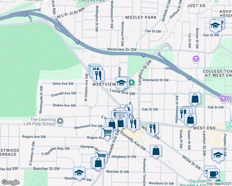 map of restaurants, bars, coffee shops, grocery stores, and more near 1444 Lucile Avenue Southwest in Atlanta