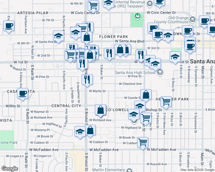 map of restaurants, bars, coffee shops, grocery stores, and more near 1128 West Chestnut Avenue in Santa Ana
