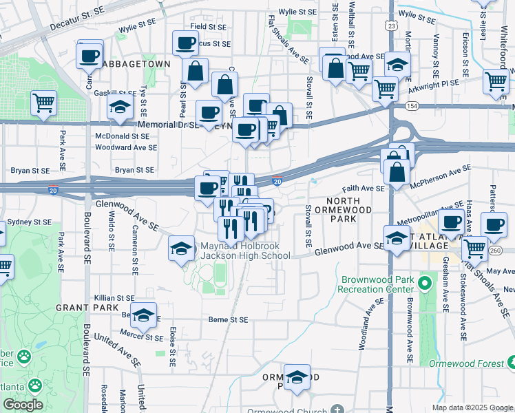 map of restaurants, bars, coffee shops, grocery stores, and more near 920 Glenwood Park Drive Southeast in Atlanta