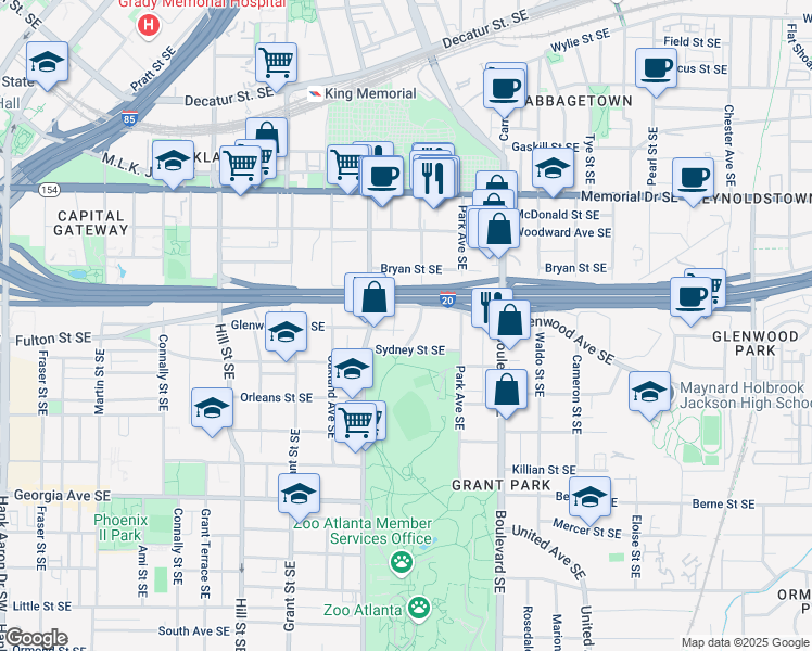 map of restaurants, bars, coffee shops, grocery stores, and more near 445 Loomis Avenue Southeast in Atlanta