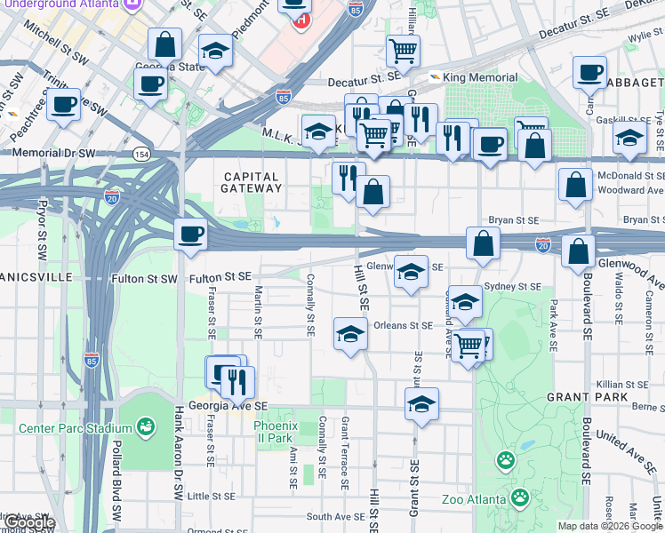 map of restaurants, bars, coffee shops, grocery stores, and more near Kelly Street Southeast in Atlanta