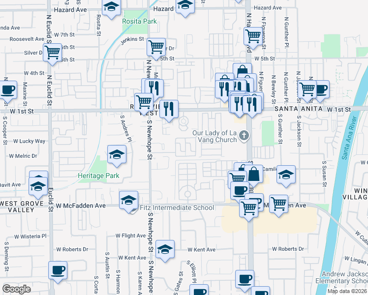 map of restaurants, bars, coffee shops, grocery stores, and more near 313 Brewster Common in Santa Ana