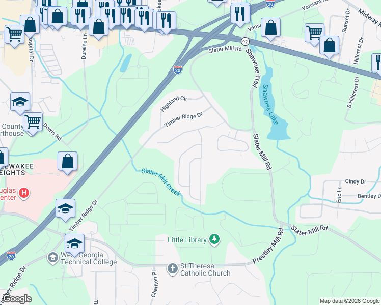 map of restaurants, bars, coffee shops, grocery stores, and more near 8716 Danley Dr in Douglasville