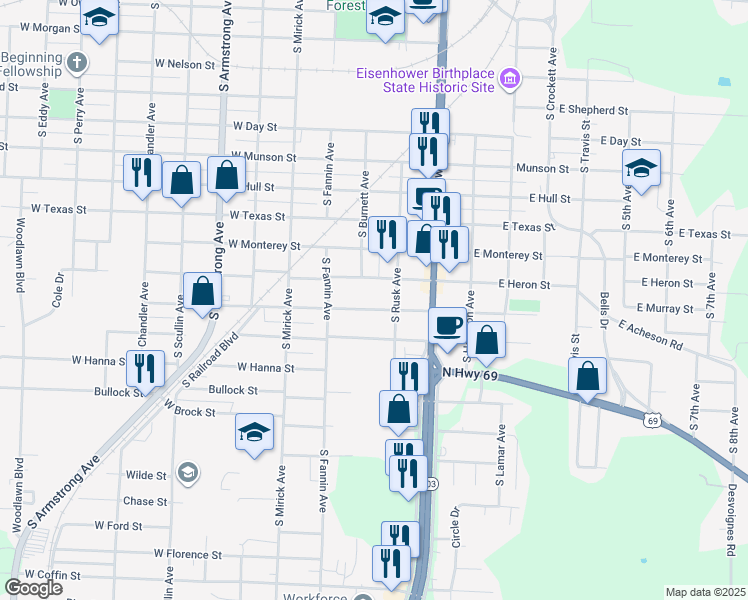 map of restaurants, bars, coffee shops, grocery stores, and more near 321 W Murray St in Denison