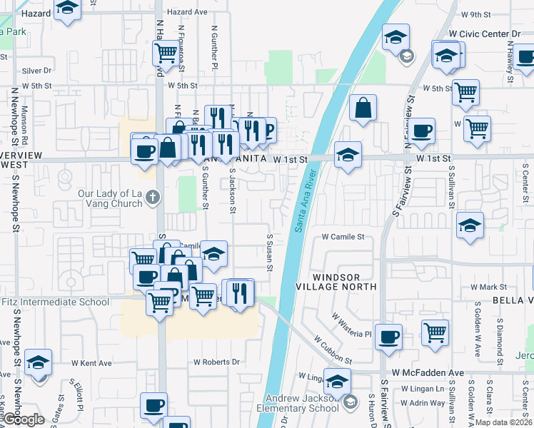 map of restaurants, bars, coffee shops, grocery stores, and more near 331 South Susan Street in Santa Ana