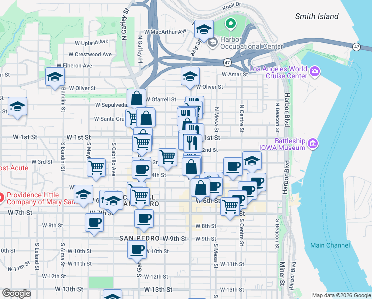 map of restaurants, bars, coffee shops, grocery stores, and more near 622 West 2nd Street in Los Angeles