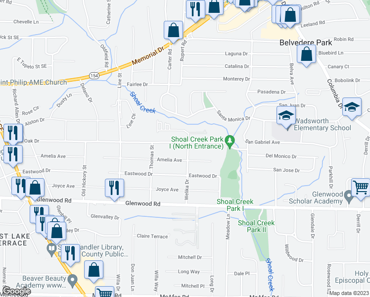 map of restaurants, bars, coffee shops, grocery stores, and more near 1695 Welika Drive in Decatur