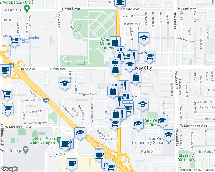 map of restaurants, bars, coffee shops, grocery stores, and more near 15141 Beach Boulevard in Midway City
