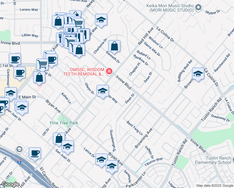 map of restaurants, bars, coffee shops, grocery stores, and more near 13092 Chaplet Place in Tustin