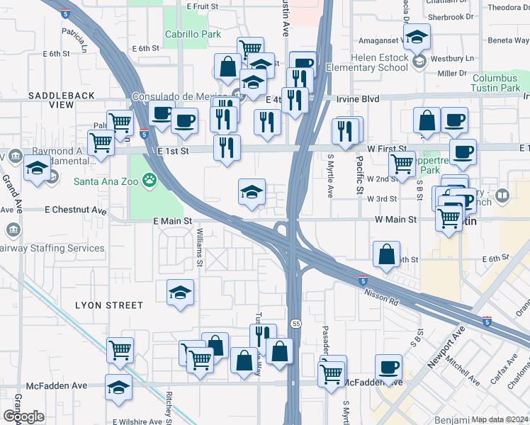 map of restaurants, bars, coffee shops, grocery stores, and more near 16882 Stoneglass in Tustin