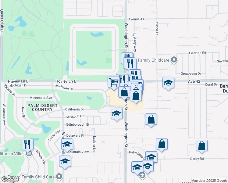 map of restaurants, bars, coffee shops, grocery stores, and more near 42215 Washington Street in Palm Desert
