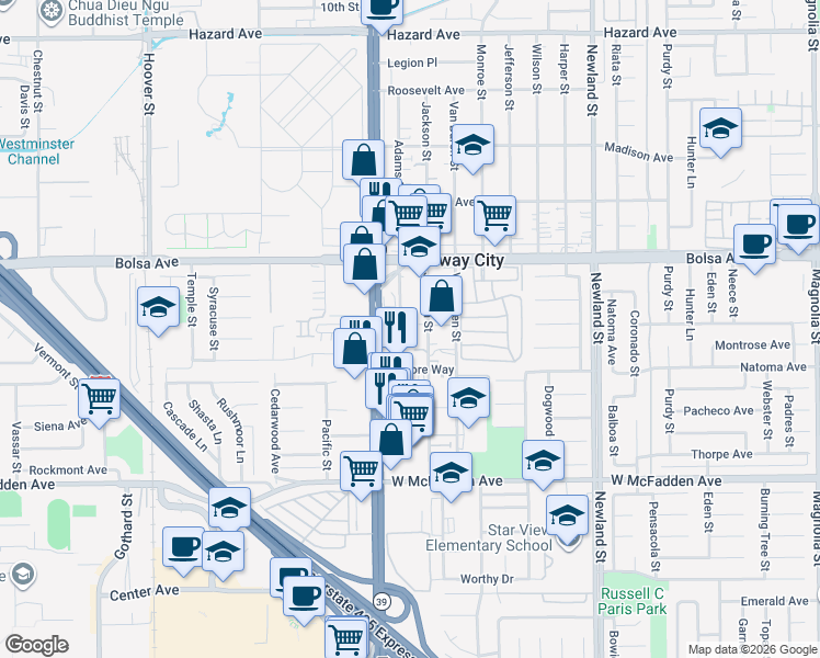 map of restaurants, bars, coffee shops, grocery stores, and more near 15161 Jackson Street in Midway City