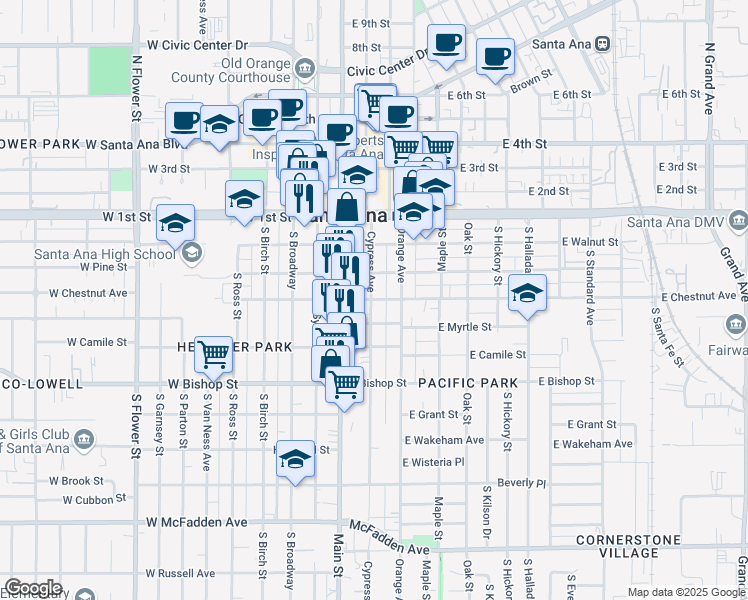 map of restaurants, bars, coffee shops, grocery stores, and more near 210 East Chestnut Avenue in Orange